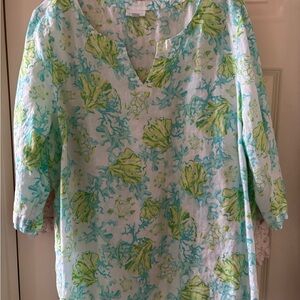 J. Jill Seafoam, Aqua & Lime Linen Tunic 3x